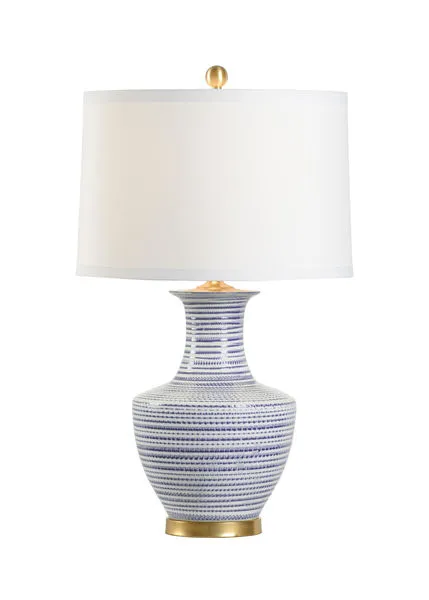 Conor Classic Lamp with blue and white textured ceramic base and brass mounting and white drum shade