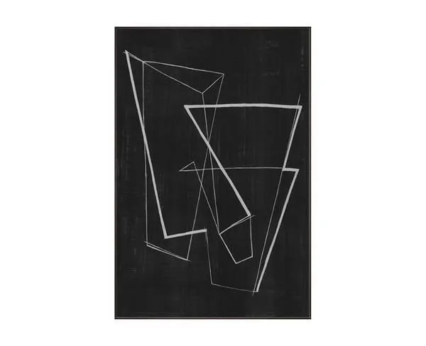 Abstract painting with bold thick and thin white lines on a black textured background