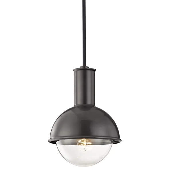 Riley 1 Light Pendant with dark metal dome and clear glass globe suspended from a black cord