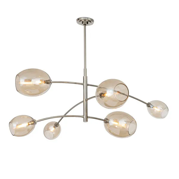 Artemis polished nickel chandelier with five open-ended champagne glass globes and balanced curved arms