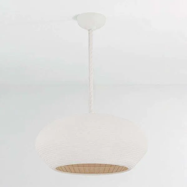 Handcrafted Ferndale Pendant made from white coiled cotton cord with warm glowing light escaping small gaps