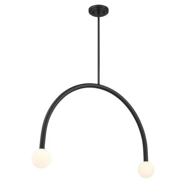 2-light chandelier with curved matte black frame and two white opal glass orbs at each end