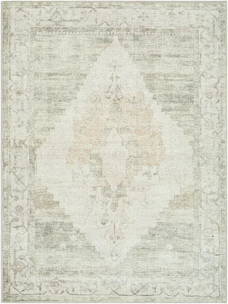 Luca Olive Machine Woven Rug with muted olive green, beige, and cream vintage-style medallion pattern
