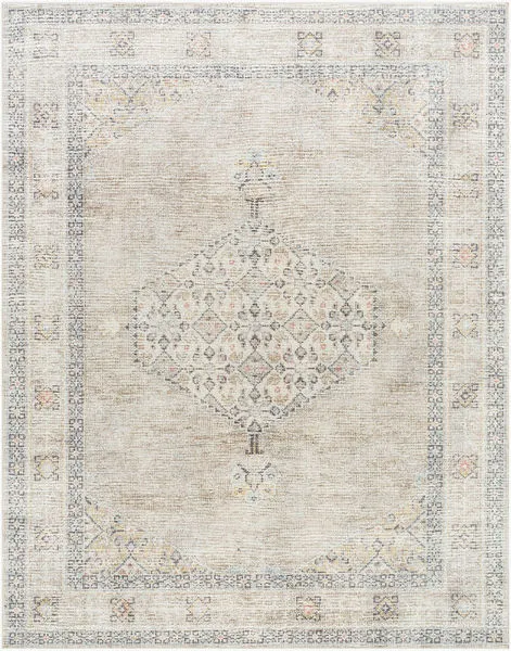 Lila Slate/Amber Machine Woven Rug with traditional medallion pattern in soft gray and beige tones