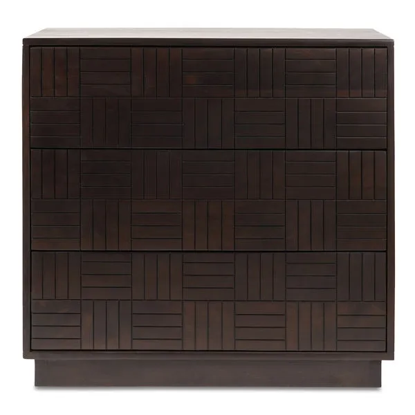 Denman 3 Drawer Nightstand with parquet-inspired woodgrain facade in dark brown finish