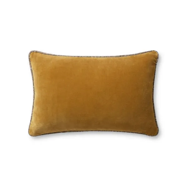 Elongated gold-toned velvet throw pillow with piped edges measuring 13 by 21 inches