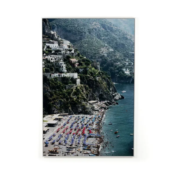 Vibrant photograph of Positano beach with colorful umbrellas and hillside houses on glossy recycled aluminum print float-m...