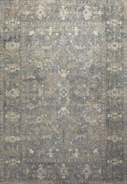Rosemarie Sand Lagoon traditional rectangular rug in muted blues, grays, and beige with intricate antique-inspired floral ...