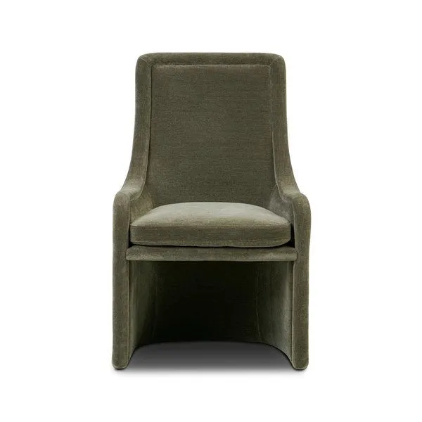 Blaire Dining Chair with high back, organic shape, fully upholstered in recycled chenille velvet in olive green
