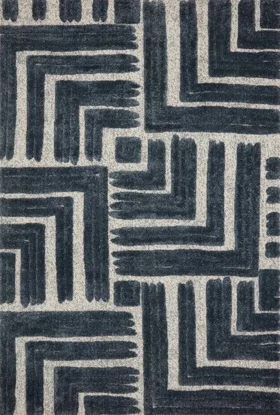 Long narrow Hagen rug with bold geometric maze pattern in dark blue and white tones
