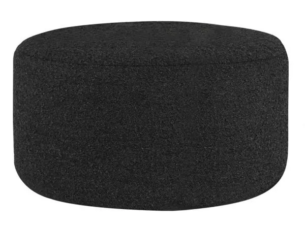 Robbie ottoman in dark charcoal fabric with a large, rounded cylindrical shape and smooth edges