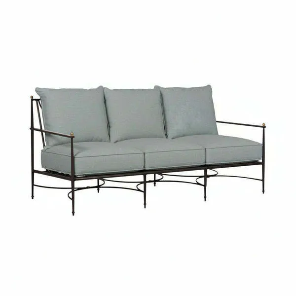 Roma Aluminum Outdoor Sofa with black metal frame, brass accents, and grey cushions