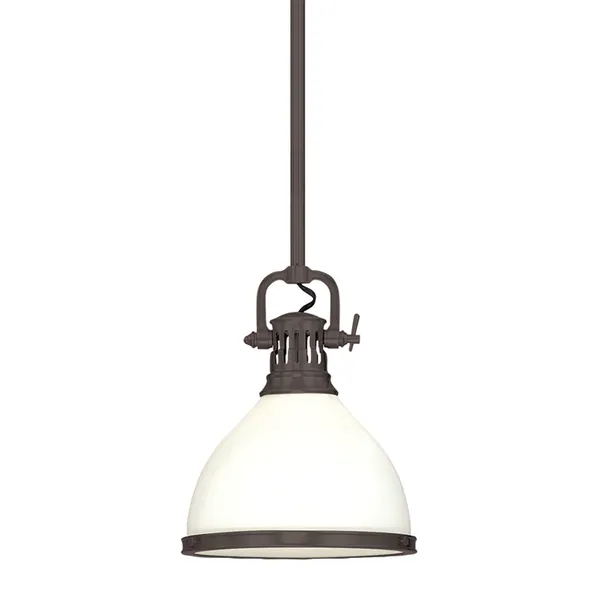 Randolph 1 Light Pendant with glossy opal glass dome shade and dark metal housing with cutout vents and adjustable cloth c...