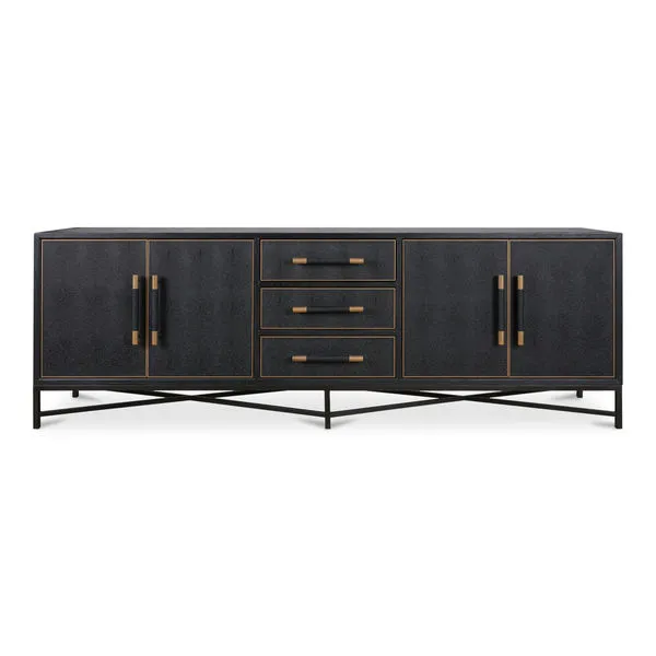 Mako Sideboard with black oak frame, vegan leather shagreen doors, three central drawers, and antique gold handles