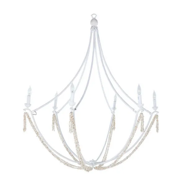 Nakita Chandelier with six candle-base lights on curved metal rods accented by natural stone bead strands