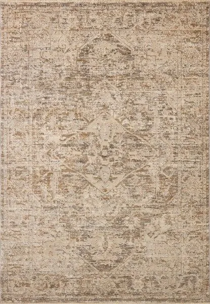 Traditional floral design rug in soft smoky grey and natural beige tones with subtle distressed pattern