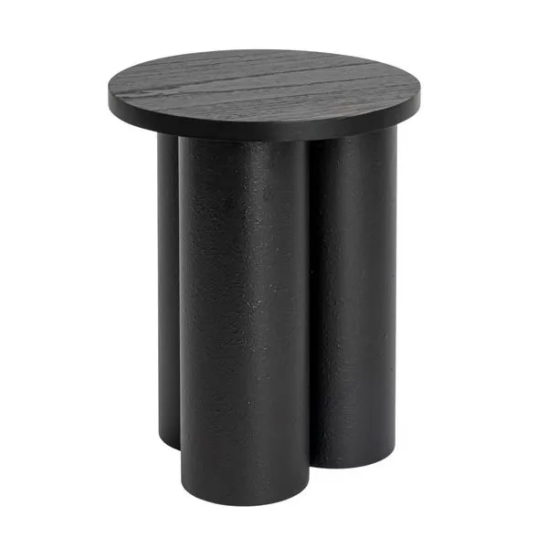 Solstice End Table with cylindrical black wood base and round matte black top with wood grain texture