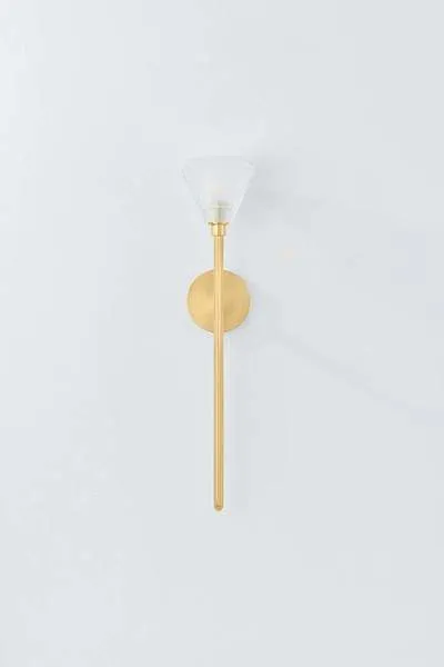 Maspeth Wall Sconce with elongated aged brass stem and gemlike faceted K9 crystal shade shaped like a blooming flower