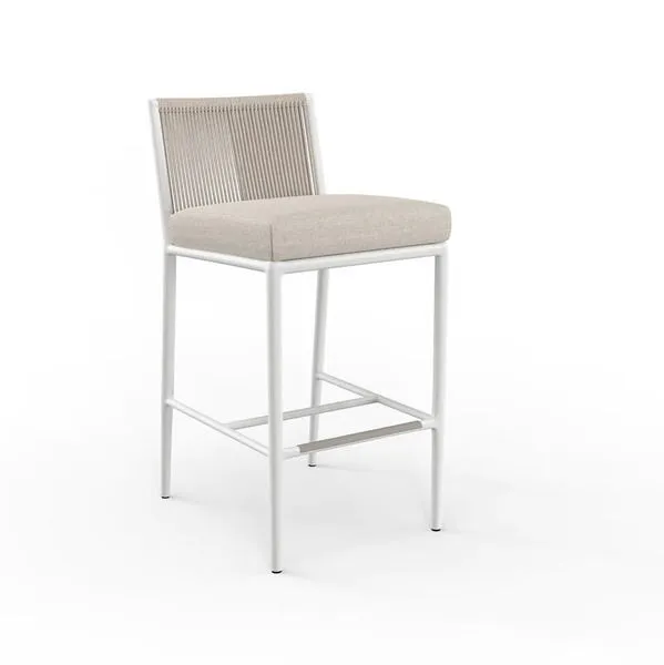 Sabbia Counterstool with satin white aluminum rounded tube frame and natural-colored all-weather rope back with cushioned ...