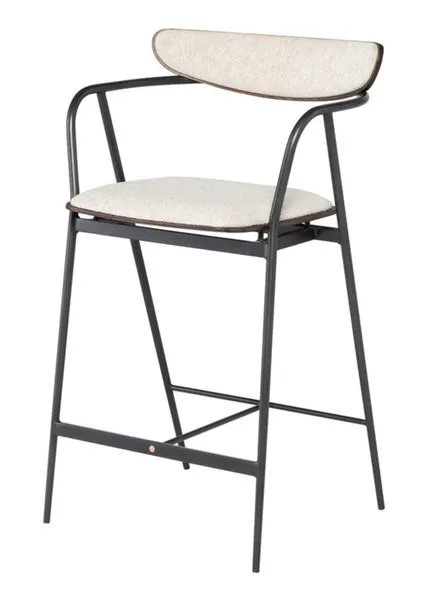 Gianni Counter Stool with black metal frame, beige fabric seat, and curved backrest with arm supports