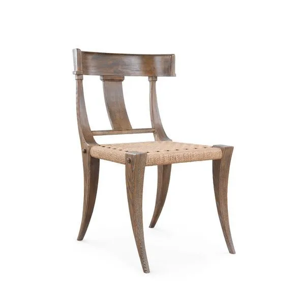Milos Side Chair in solid oak with curved legs and backrest, handwoven basketweave seat in Greek Klismos style