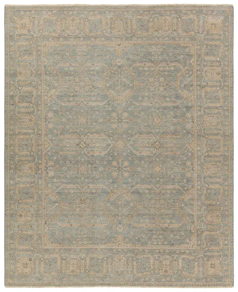 Traditional 9x12 wool rug with Persian knot medallion pattern in tonal gray, tan, and muted gold with fringe trim