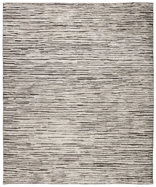 Hand-knotted wool rug with irregular horizontal stripes in dark gray and ivory tones