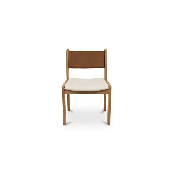 Carol Dining Chair with rounded oak frame, fabric seat, and tan top-grain leather backrest with carved detail