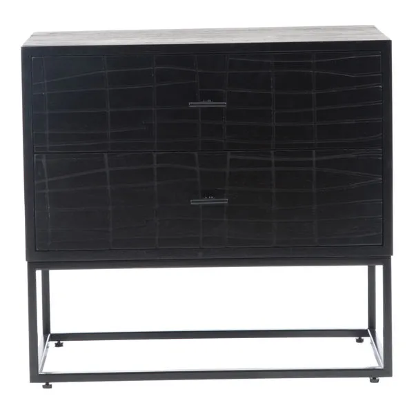 Black Atelier nightstand with two textured sliding drawers and a minimalist iron frame base