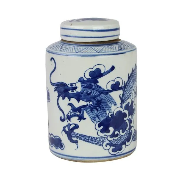 Blue and white ceramic mini tea jar with dragon and cloud motifs, cylindrical shape with lid