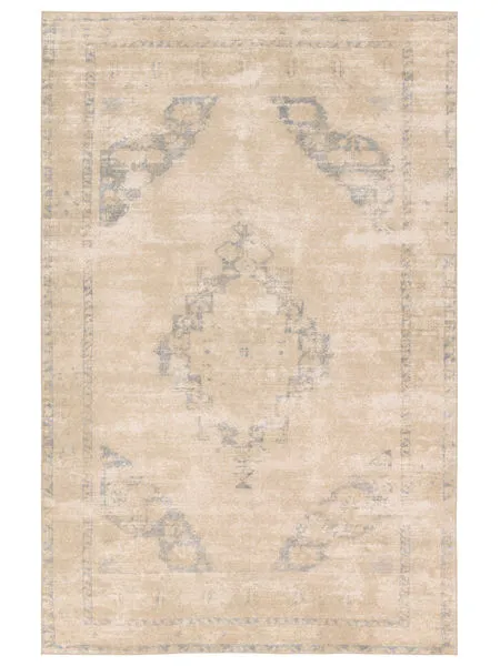Sibit Medallion Tan Slate traditional rug with distressed vintage pattern in tan and slate blue tones