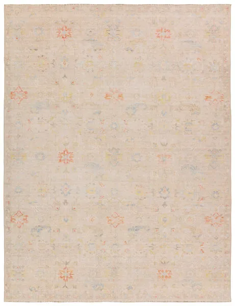 Aaina floral cream and blue traditional rug with pastel Oushak pattern featuring soft florals and vintage distress effect