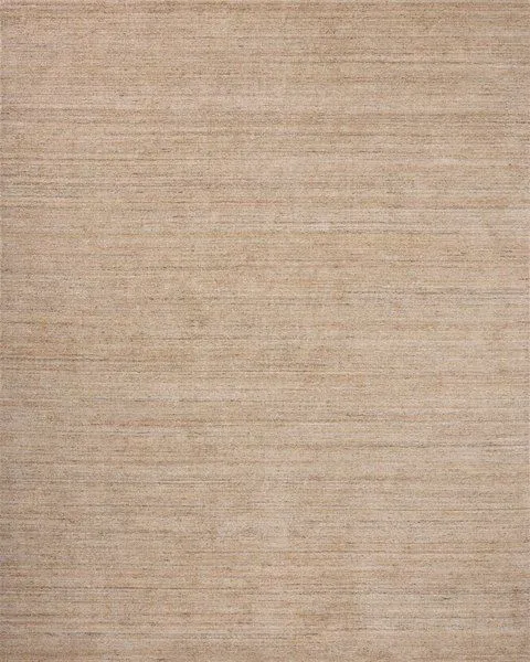 Heathered sand-colored hand-loomed area rug with subtle thin textured horizontal lines