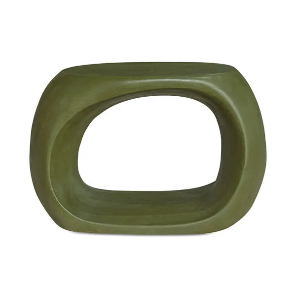 Green sculptural Albers outdoor stool with hollow oval center, smooth concrete and fiber finish