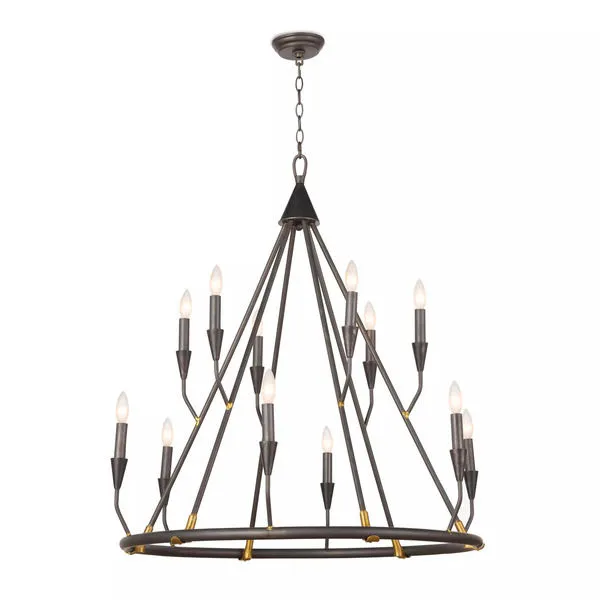 Rustic two-tier Sierra chandelier with dark metal frame and twelve candle-style lights on round base