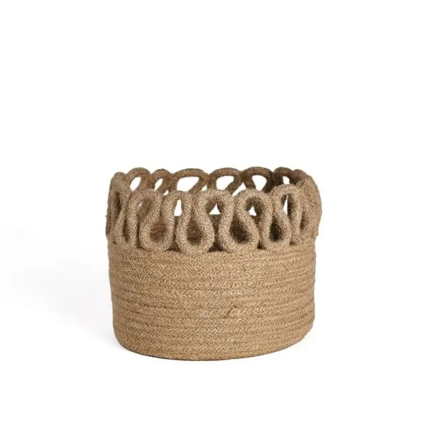 Natural bamboo basket with a woven texture and decorative looped rim in light brown color