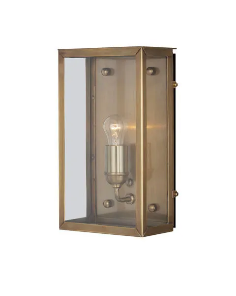 Royster Outdoor Wall Sconce in antique brass finish with rectangular glass enclosure and single exposed bulb
