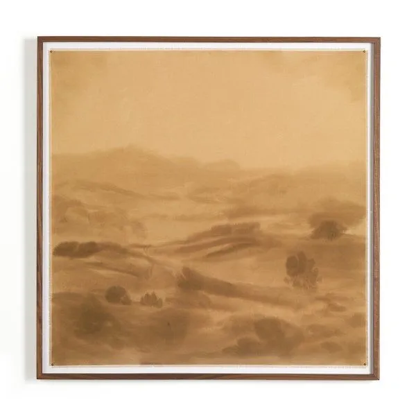 Walnut-toned landscape painting with soft, blurred hills and trees, in a walnut wood frame.