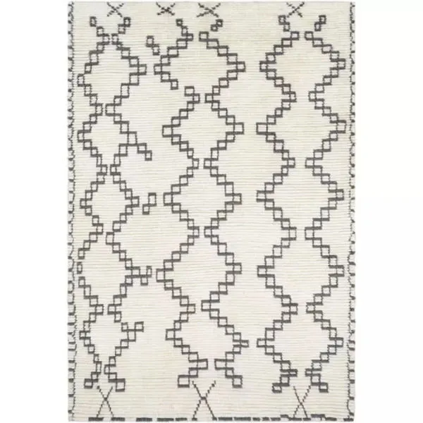 6x9 foot Beni Ourain wool rug with cream background and geometric grey line patterns