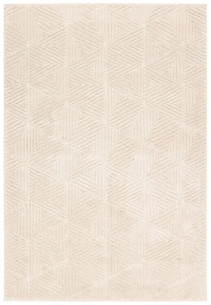 Cream geometric modern rug with overlapping triangular pattern and textured plush pile