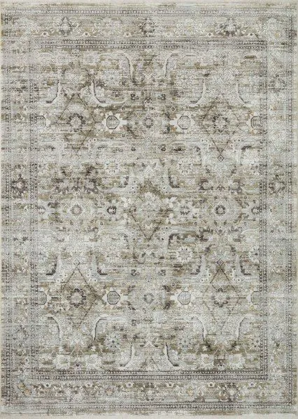 Traditional Bonney Moss / Stone Rug with muted greens and beige in an intricate vintage-inspired pattern