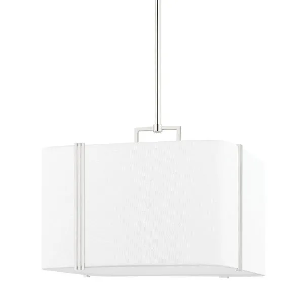 Downing 4 Light Large Pendant with white Belgian linen soft-square diffuser and three thin offset metal bands