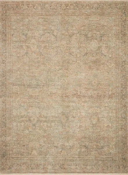 Priya Rug in soft beige with tonal floral and geometric pattern, flat texture without fringe