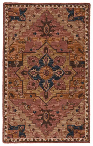 Traditional hand-tufted rug with medallion motif in dusty pink, gold, brown, and deep blue colors