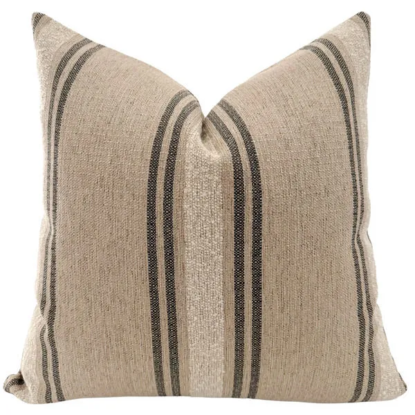 Square pillow with earthy brown taupe fabric and two vertical dark brown stripes on each side