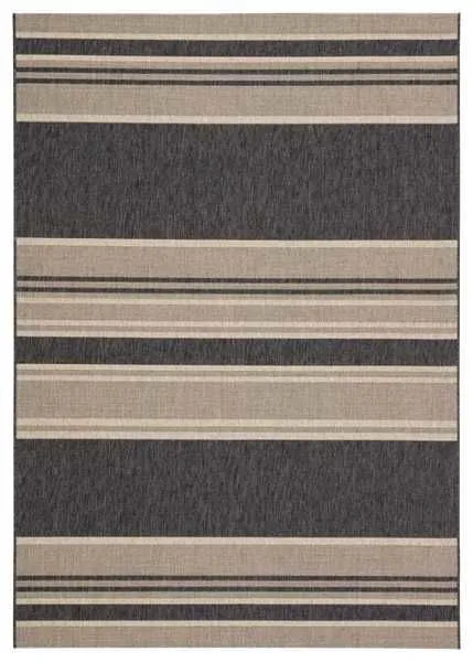 Flat-woven indoor/outdoor area rug with wide and narrow gray and beige stripes in sisal-inspired texture