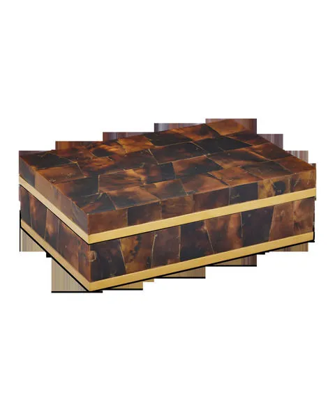 Rectangular decorative box with a natural penshell puzzle surface and brass-finished stainless steel rims