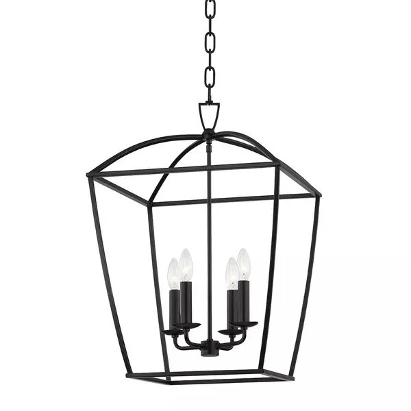 Black aged iron pendant with four candelabra lights inside thin iron cage and hanging chain