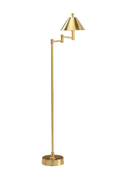 antique brass floor lamp with adjustable swing arm and conical shade on round base