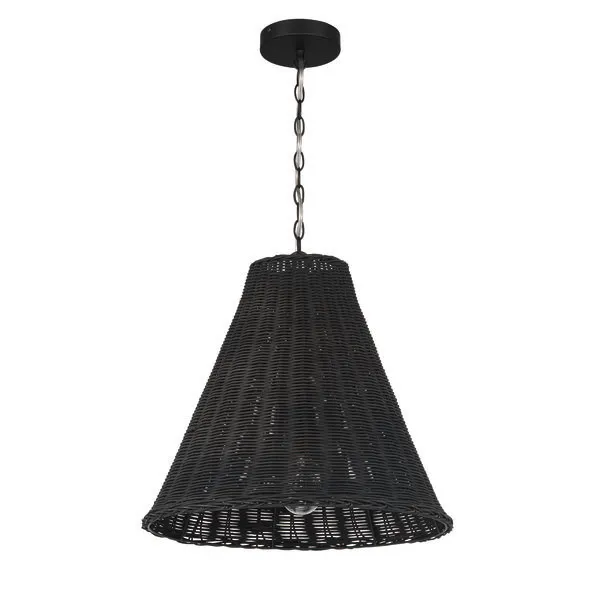 Bell-shaped pendant light woven from black natural rattan with cone silhouette and hanging chain
